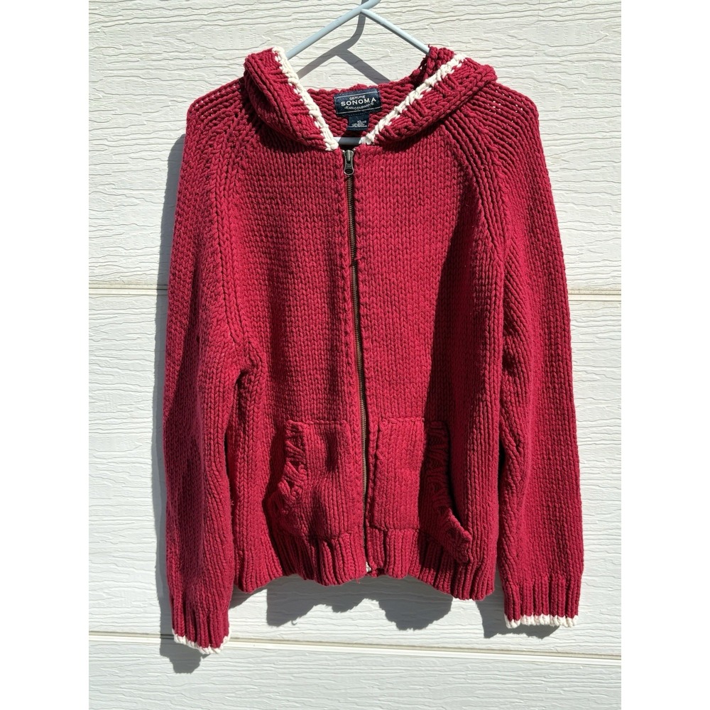 Sonoma XL Women's Zip Cardigan Red White Chunky Boxy Oversize Pockets Granny